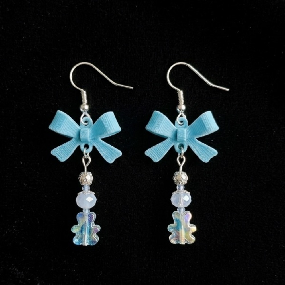 Blue Bow & Glass Teddy Bear Dangle Earrings